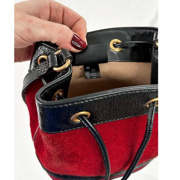 Gucci Small Ophidia Red Suede and Ribbon Patent Leather Bucket Crossbody Purse - Picture 6 of 11